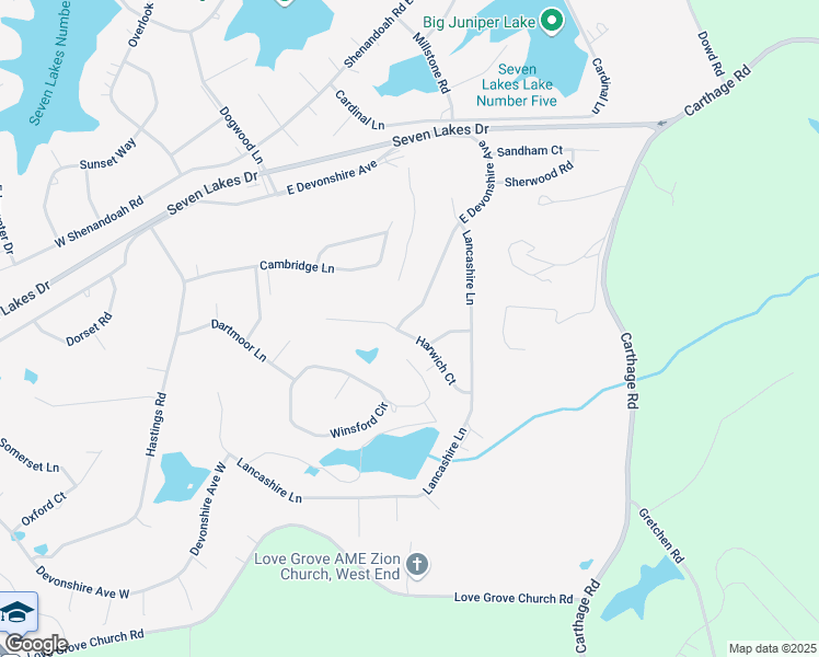 map of restaurants, bars, coffee shops, grocery stores, and more near 114 Harwich Court in Seven Lakes