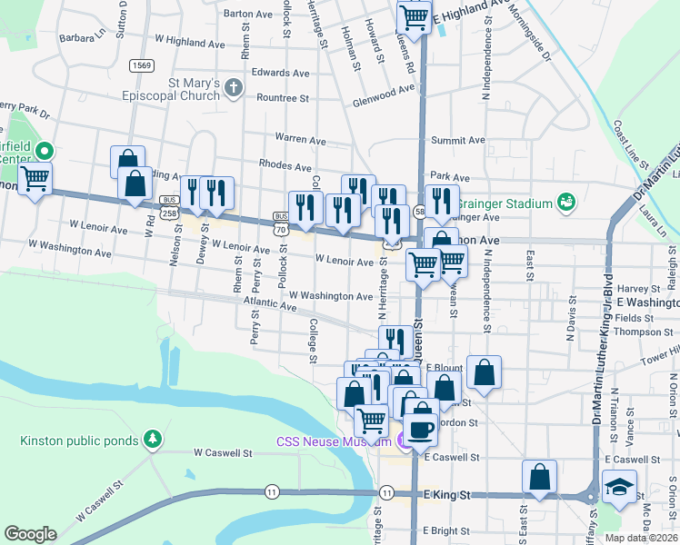 map of restaurants, bars, coffee shops, grocery stores, and more near 301 West Lenoir Avenue in Kinston