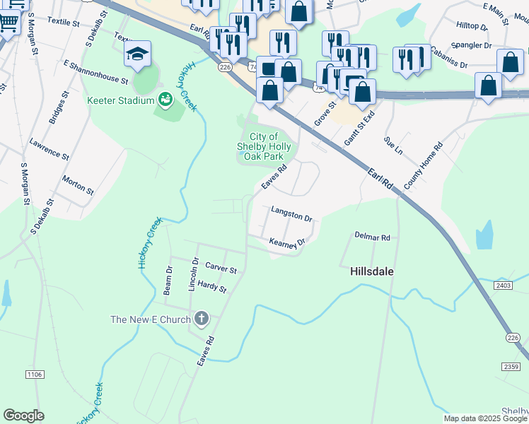 map of restaurants, bars, coffee shops, grocery stores, and more near 903 Langston Drive in Shelby