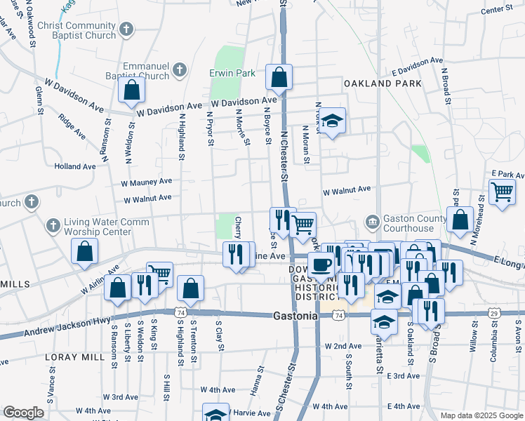 map of restaurants, bars, coffee shops, grocery stores, and more near 309 North Boyce Street in Gastonia