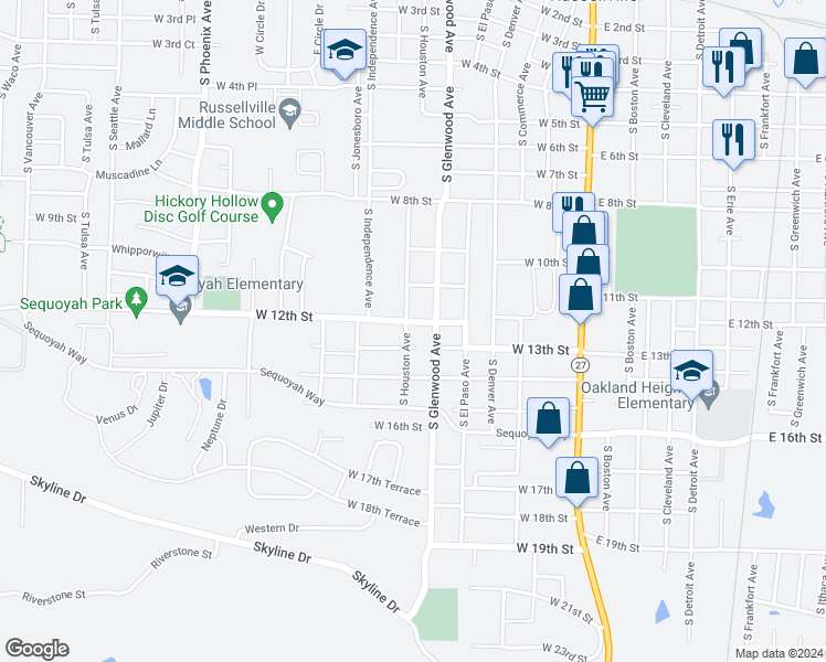 map of restaurants, bars, coffee shops, grocery stores, and more near 1112 South Houston Avenue in Russellville