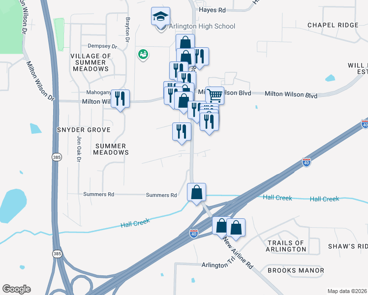map of restaurants, bars, coffee shops, grocery stores, and more near 5165 Airline Road in Arlington