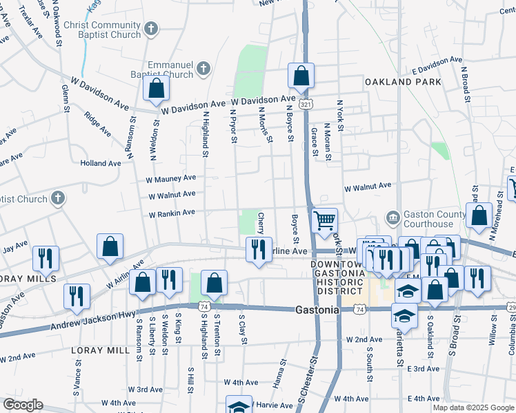 map of restaurants, bars, coffee shops, grocery stores, and more near 612 West Rankin Avenue in Gastonia