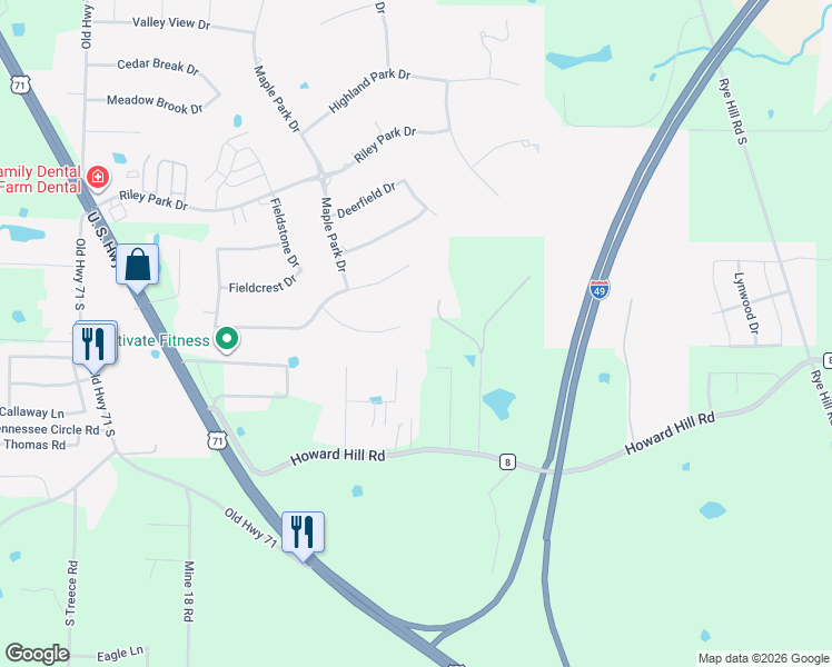 map of restaurants, bars, coffee shops, grocery stores, and more near 12300 Burton Lane in Fort Smith