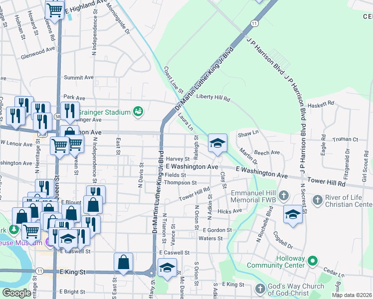 map of restaurants, bars, coffee shops, grocery stores, and more near 705 Quinerly St in Kinston