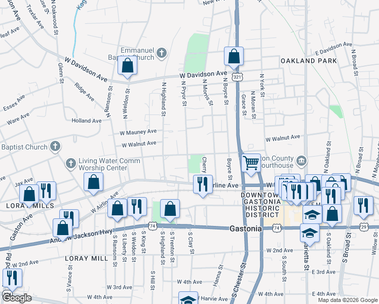 map of restaurants, bars, coffee shops, grocery stores, and more near 310 North Pryor Street in Gastonia