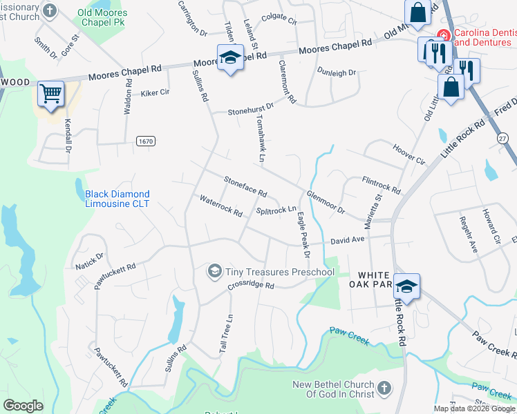 map of restaurants, bars, coffee shops, grocery stores, and more near 6421 Swift Arrow Lane in Charlotte
