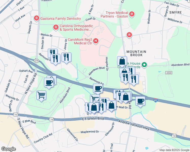 map of restaurants, bars, coffee shops, grocery stores, and more near 2020 Remount Road in Gastonia