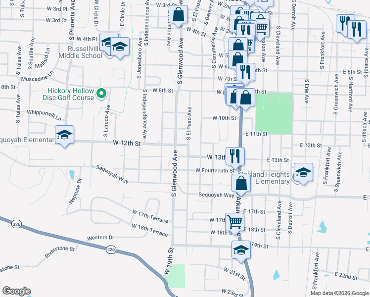 map of restaurants, bars, coffee shops, grocery stores, and more near 1117 South Glenwood Avenue in Russellville