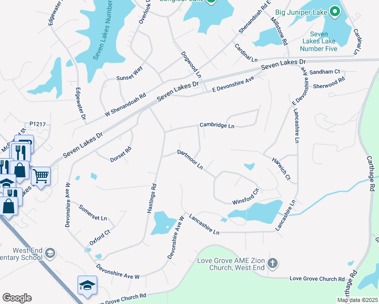 map of restaurants, bars, coffee shops, grocery stores, and more near 111 Dartmoor Lane in Seven Lakes