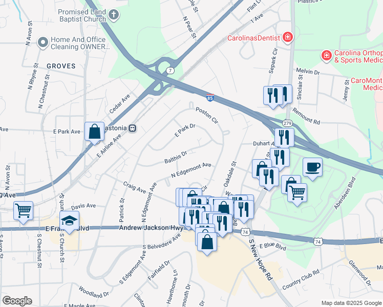 map of restaurants, bars, coffee shops, grocery stores, and more near 1223 Balthis Drive in Gastonia