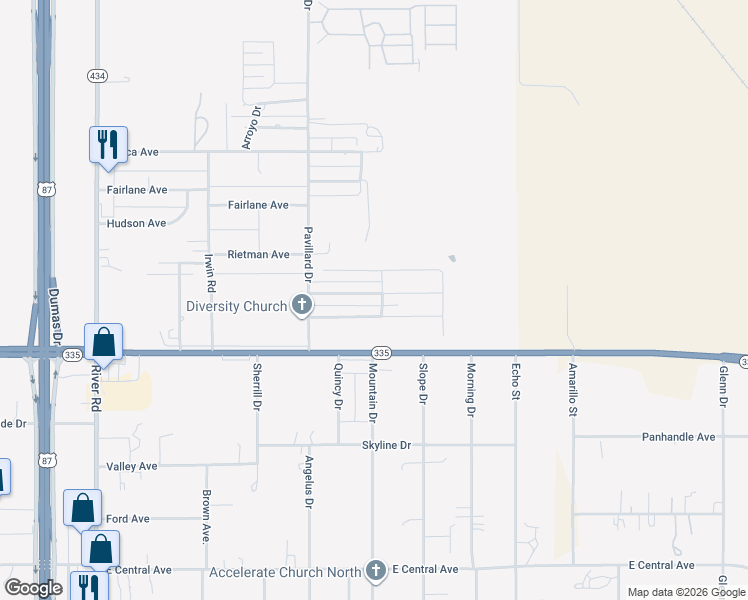 map of restaurants, bars, coffee shops, grocery stores, and more near 1406 Fox Hollow Avenue in Amarillo