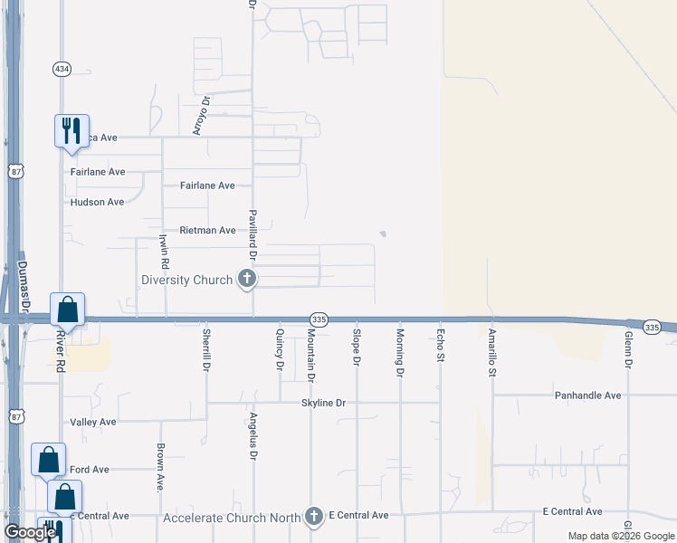 map of restaurants, bars, coffee shops, grocery stores, and more near Red Fox Street in Amarillo
