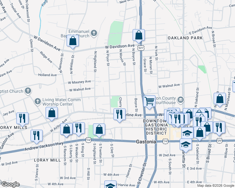 map of restaurants, bars, coffee shops, grocery stores, and more near 614 West Rankin Avenue in Gastonia