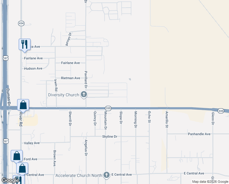 map of restaurants, bars, coffee shops, grocery stores, and more near Red Fox Street in Amarillo