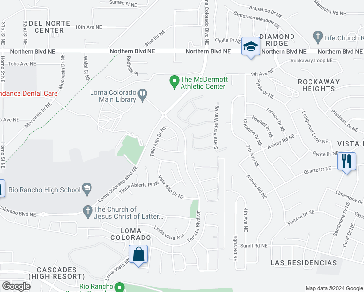 map of restaurants, bars, coffee shops, grocery stores, and more near 805 Palo Alto Drive Northeast in Rio Rancho