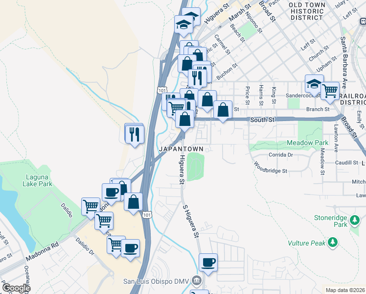 map of restaurants, bars, coffee shops, grocery stores, and more near 65 Higuera Street in San Luis Obispo