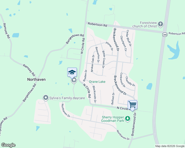 map of restaurants, bars, coffee shops, grocery stores, and more near 5203 Broken Oak Drive in Memphis