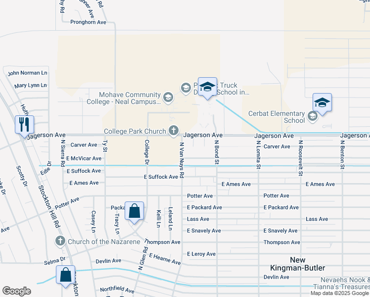 map of restaurants, bars, coffee shops, grocery stores, and more near 4876 North Van Nuys Road in Kingman