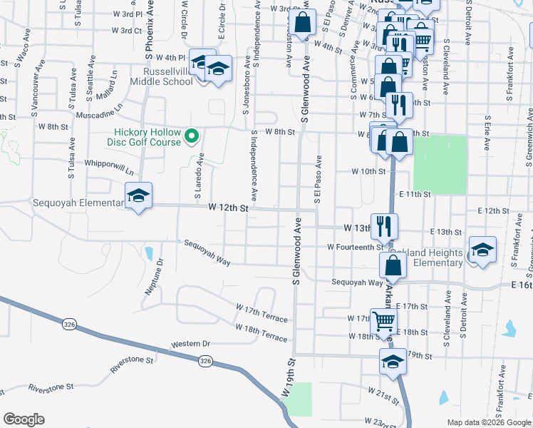 map of restaurants, bars, coffee shops, grocery stores, and more near 1112 South Houston Avenue in Russellville