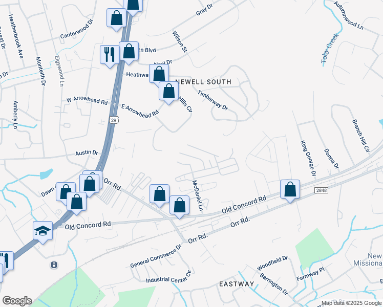 map of restaurants, bars, coffee shops, grocery stores, and more near 6028 McDaniel Lane in Charlotte