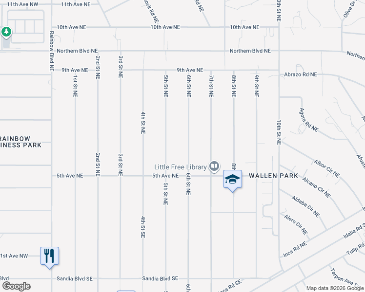 map of restaurants, bars, coffee shops, grocery stores, and more near 521 6th Street Northeast in Rio Rancho