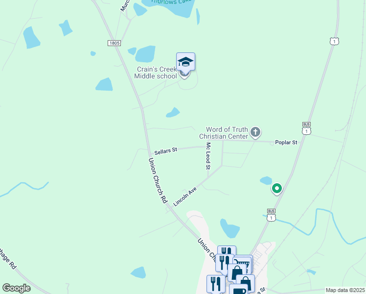 map of restaurants, bars, coffee shops, grocery stores, and more near 160 Sellars Street in Vass
