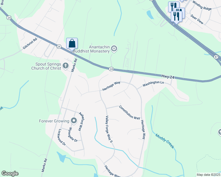 map of restaurants, bars, coffee shops, grocery stores, and more near 96 Heritage Way in Cameron
