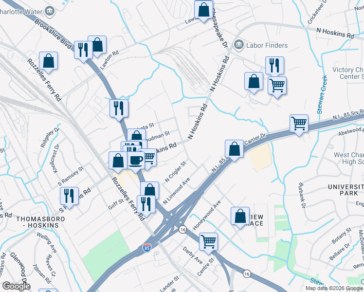 map of restaurants, bars, coffee shops, grocery stores, and more near 329 North Hoskins Road in Charlotte