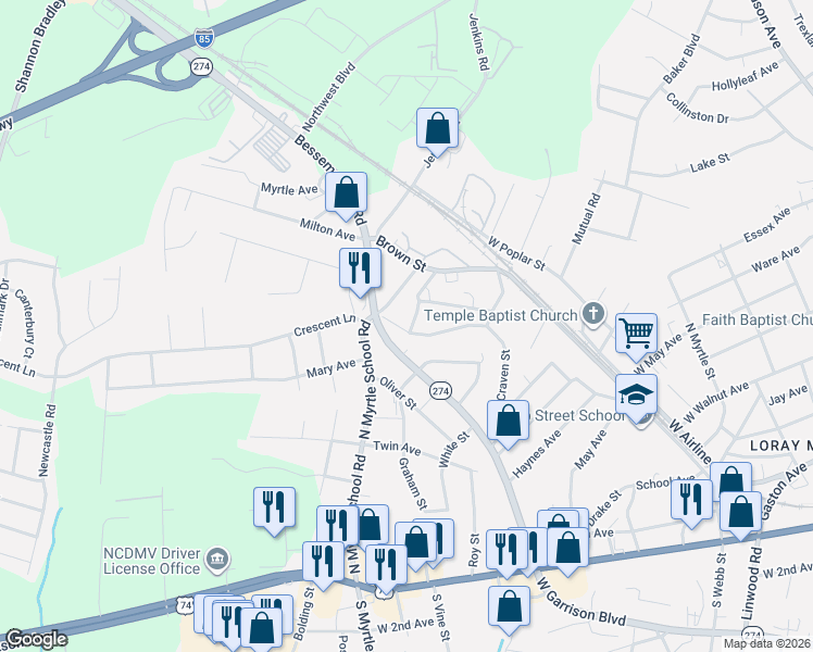 map of restaurants, bars, coffee shops, grocery stores, and more near 1845 McGuire Street in Gastonia
