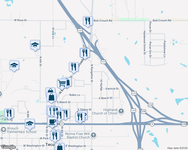 map of restaurants, bars, coffee shops, grocery stores, and more near 1015 Range Line Road in Tecumseh