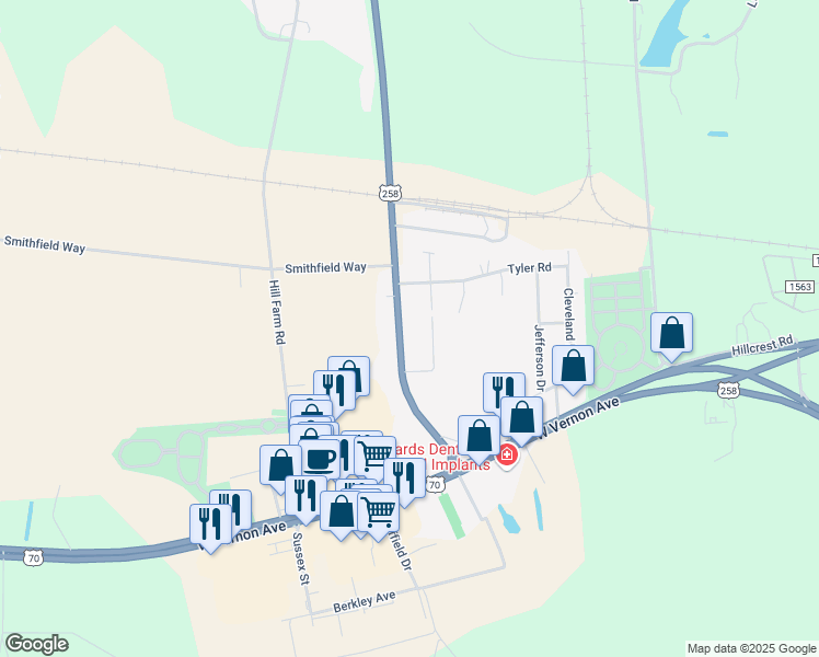 map of restaurants, bars, coffee shops, grocery stores, and more near 1205 U.S. 258 in Kinston
