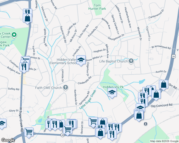map of restaurants, bars, coffee shops, grocery stores, and more near 731 Pondella Drive in Charlotte