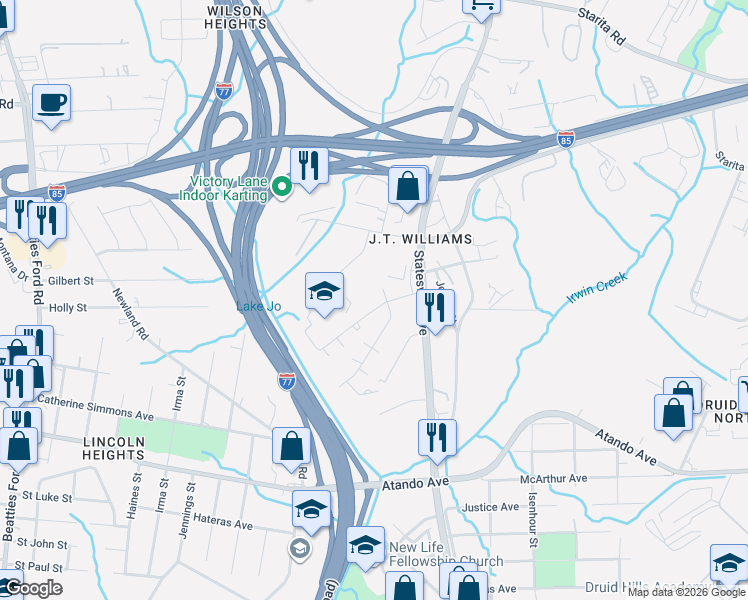 map of restaurants, bars, coffee shops, grocery stores, and more near 2300 Julia Avenue in Charlotte