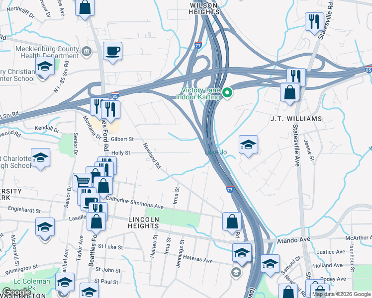 map of restaurants, bars, coffee shops, grocery stores, and more near 1909 Gilbert Street in Charlotte