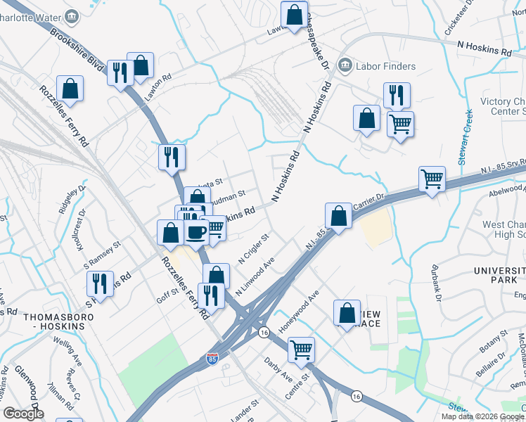 map of restaurants, bars, coffee shops, grocery stores, and more near 329 North Hoskins Road in Charlotte