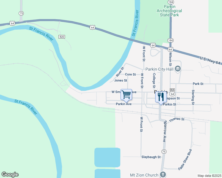 map of restaurants, bars, coffee shops, grocery stores, and more near 411 Jones Street in Parkin