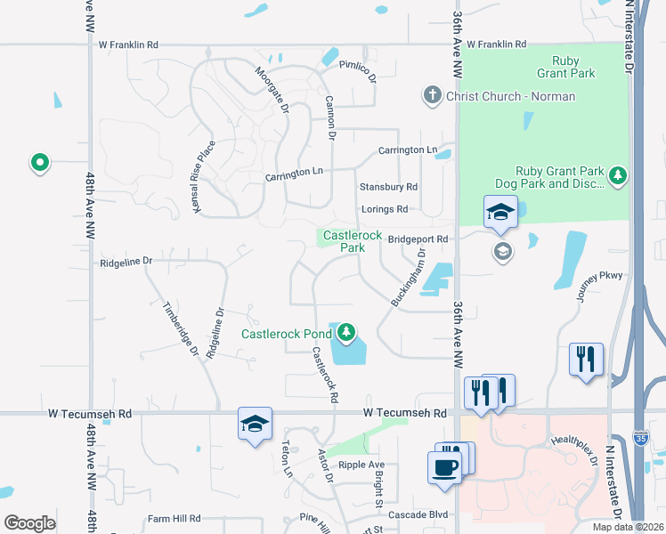 map of restaurants, bars, coffee shops, grocery stores, and more near 4120 Castlerock Road in Norman