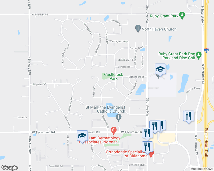 map of restaurants, bars, coffee shops, grocery stores, and more near 4109 Castlerock Road in Norman