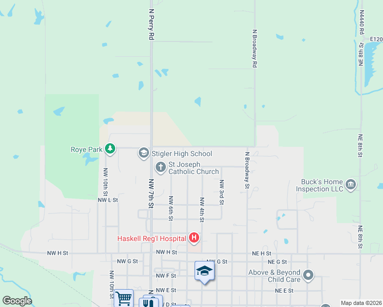 map of restaurants, bars, coffee shops, grocery stores, and more near 402 Northwest Panther Lane in Stigler