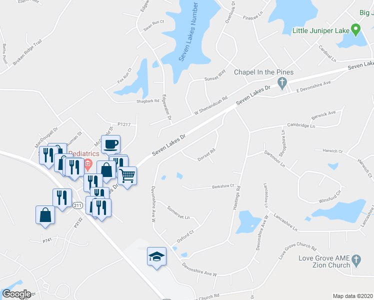 map of restaurants, bars, coffee shops, grocery stores, and more near 114 Dorset Road in Seven Lakes