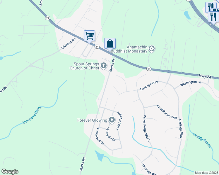 map of restaurants, bars, coffee shops, grocery stores, and more near 91 Williamsburg Way in Cameron