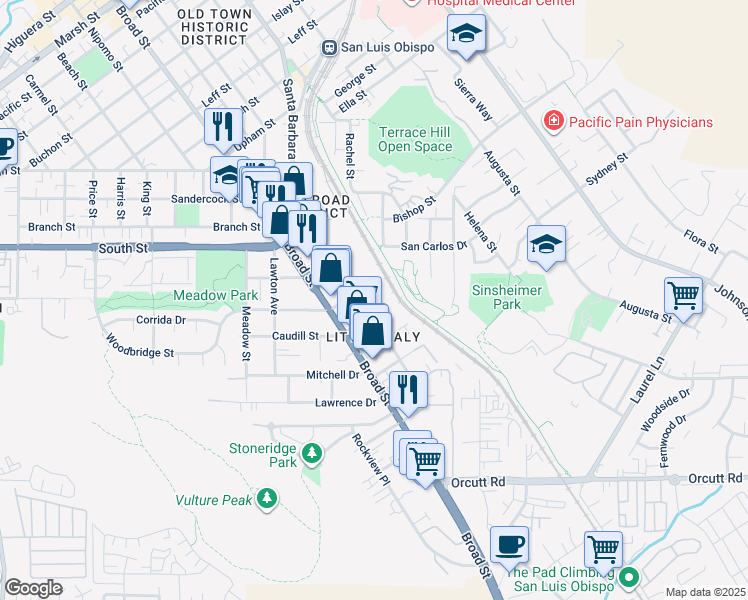 map of restaurants, bars, coffee shops, grocery stores, and more near 2478 Victoria Avenue in San Luis Obispo