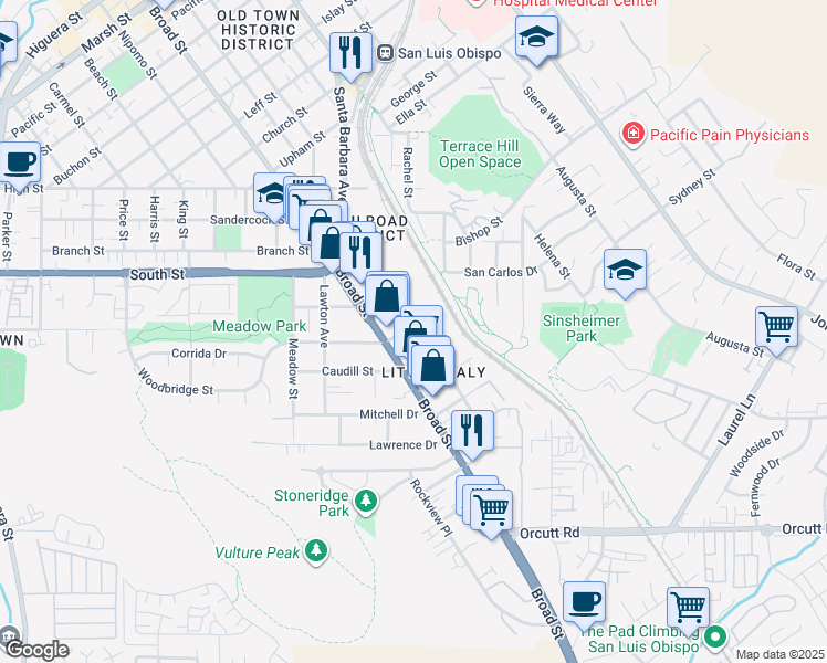 map of restaurants, bars, coffee shops, grocery stores, and more near 762 Woodbridge Street in San Luis Obispo