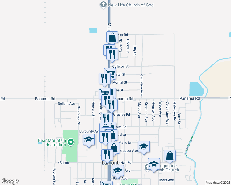 map of restaurants, bars, coffee shops, grocery stores, and more near 9517 Weedpatch Highway in Lamont