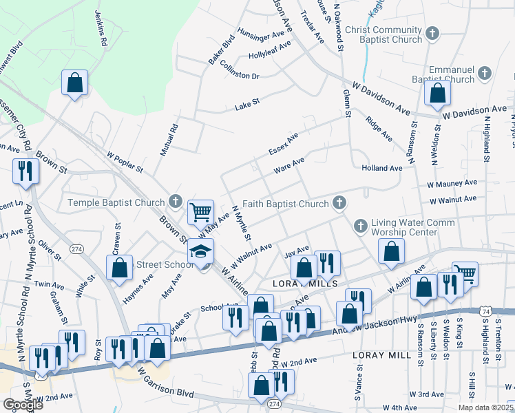 map of restaurants, bars, coffee shops, grocery stores, and more near 1408 West May Avenue in Gastonia