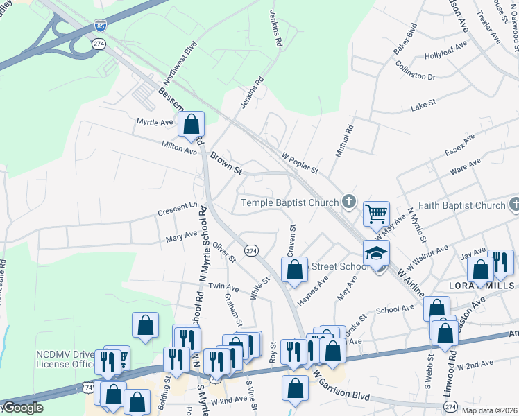 map of restaurants, bars, coffee shops, grocery stores, and more near 929 Brandon Street in Gastonia