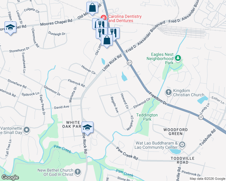 map of restaurants, bars, coffee shops, grocery stores, and more near 6625 Elmwood Circle in Charlotte