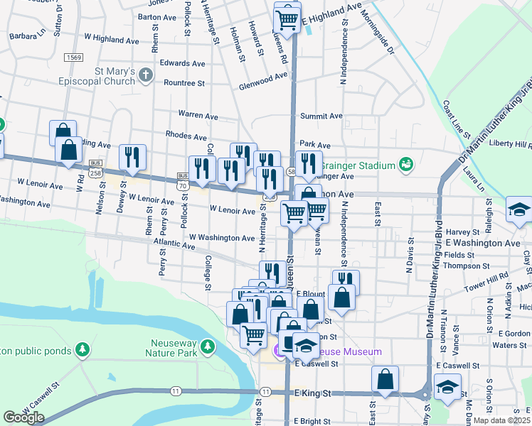 map of restaurants, bars, coffee shops, grocery stores, and more near 207 West Lenoir Avenue in Kinston