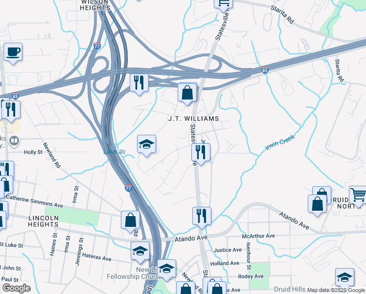 map of restaurants, bars, coffee shops, grocery stores, and more near 2200 Carmine Street in Charlotte